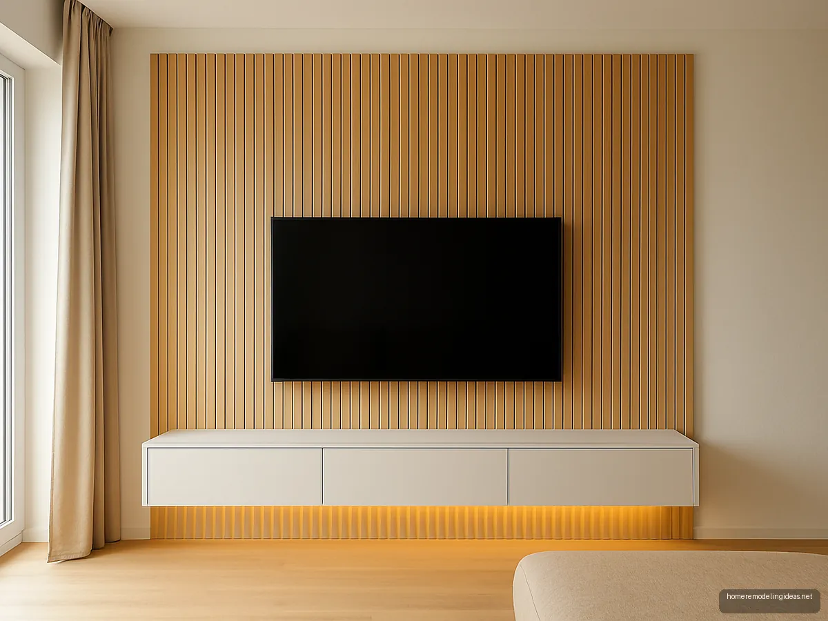 Fluted light oak TV wall with low floating white console
