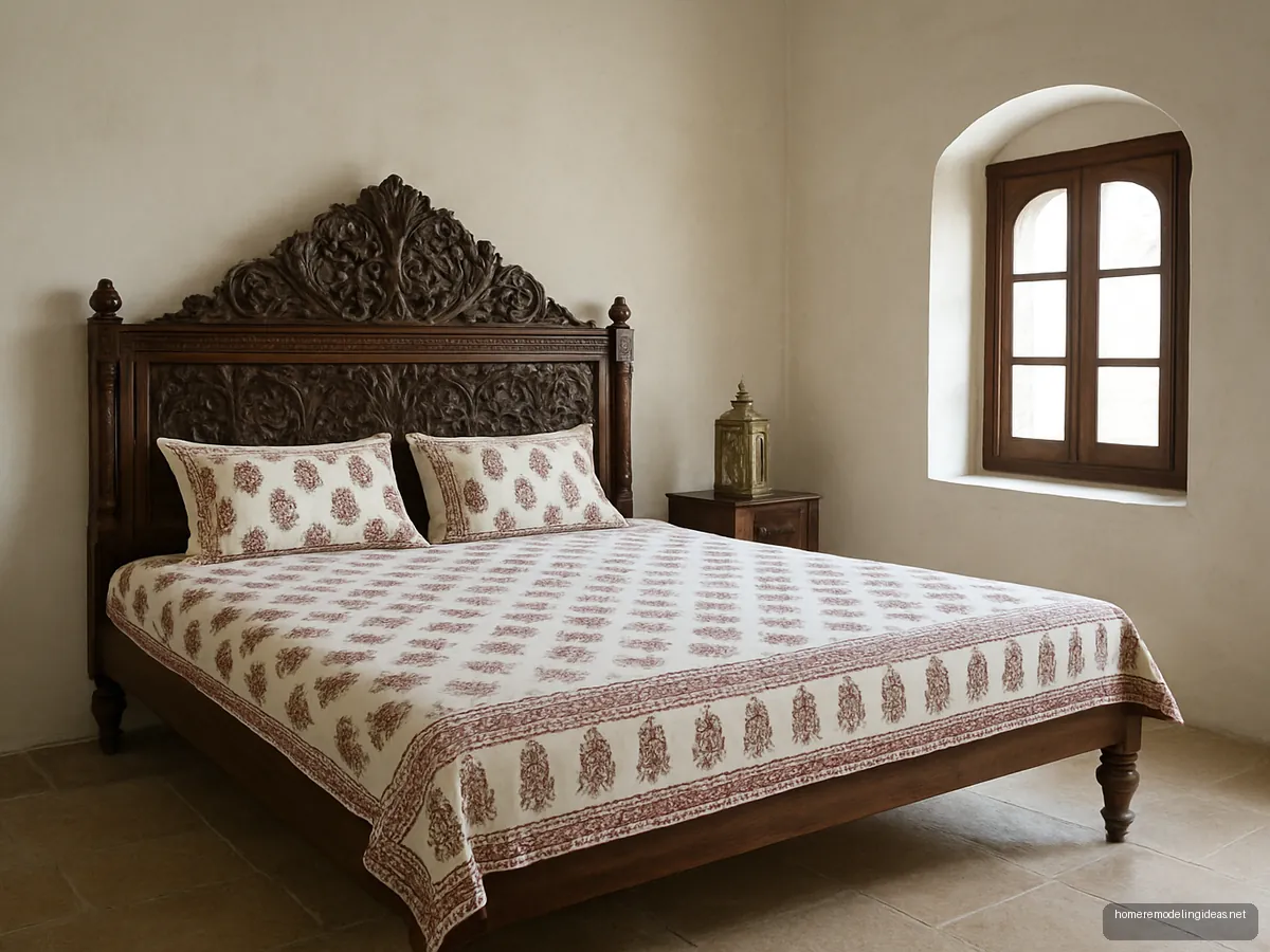 Carved dark sheesham bed with block-print bedspread in a bungalow bedroom