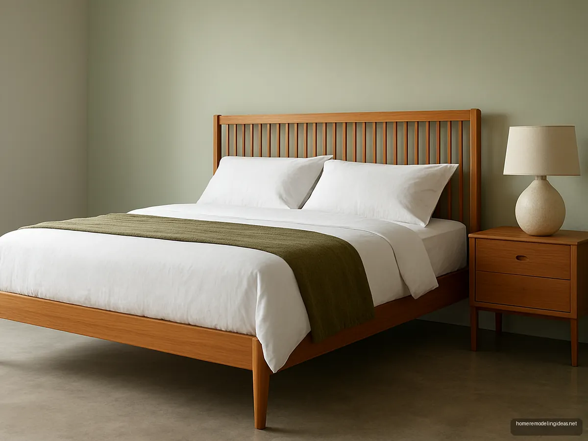 Honey teak bed with vertical slatted headboard against sage wall