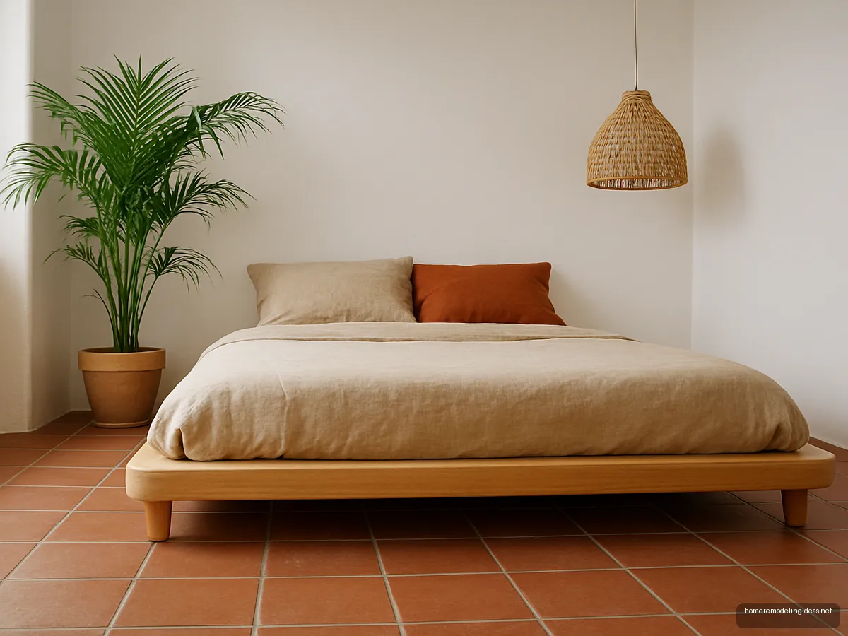 Low mango wood platform bed with rust linen and rattan pendant