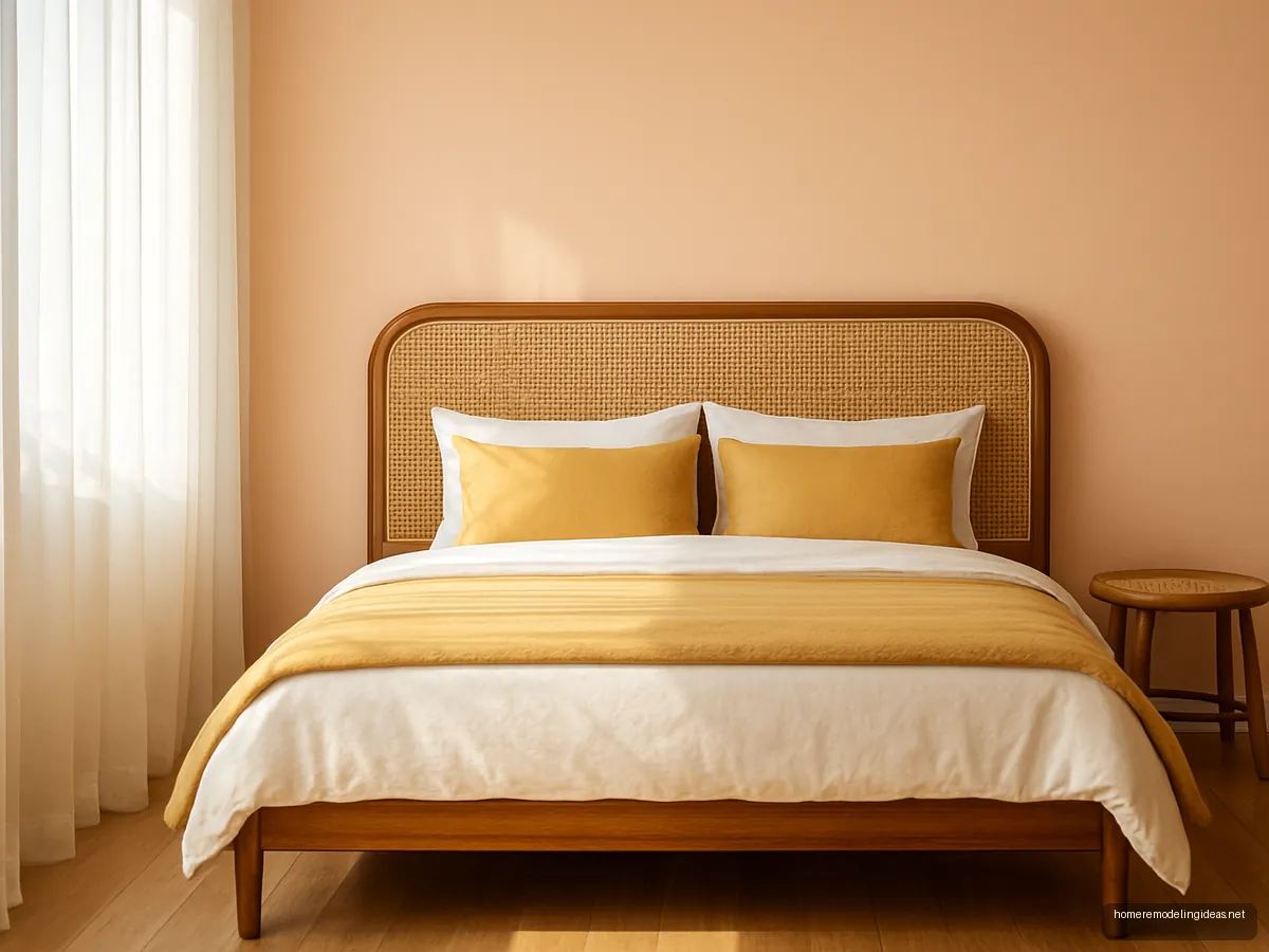 Teak bed with cane headboard against pastel peach wall