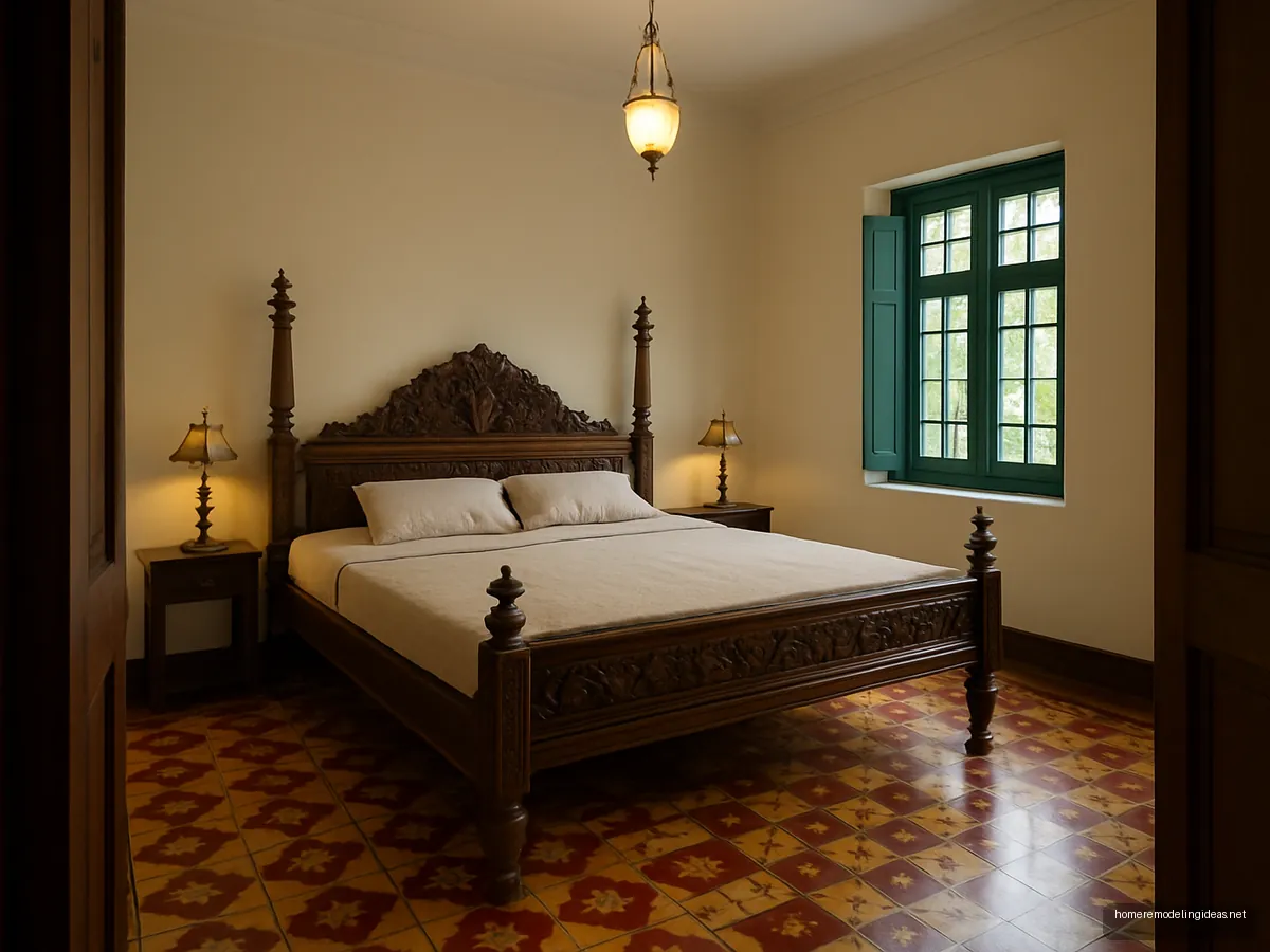 Carved teak cot on Athangudi tile floor in a heritage bedroom