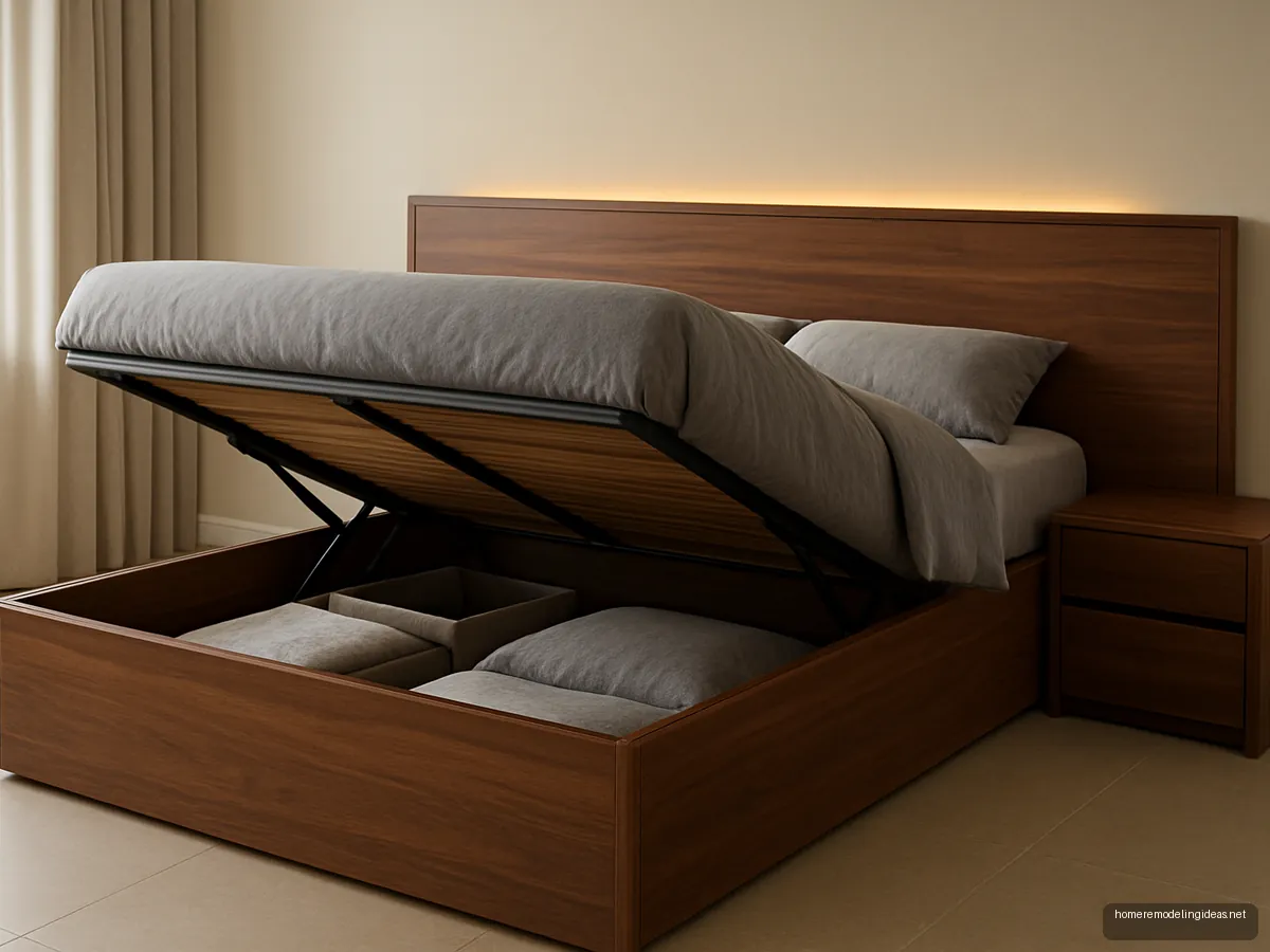 Walnut veneer storage bed with integrated side tables