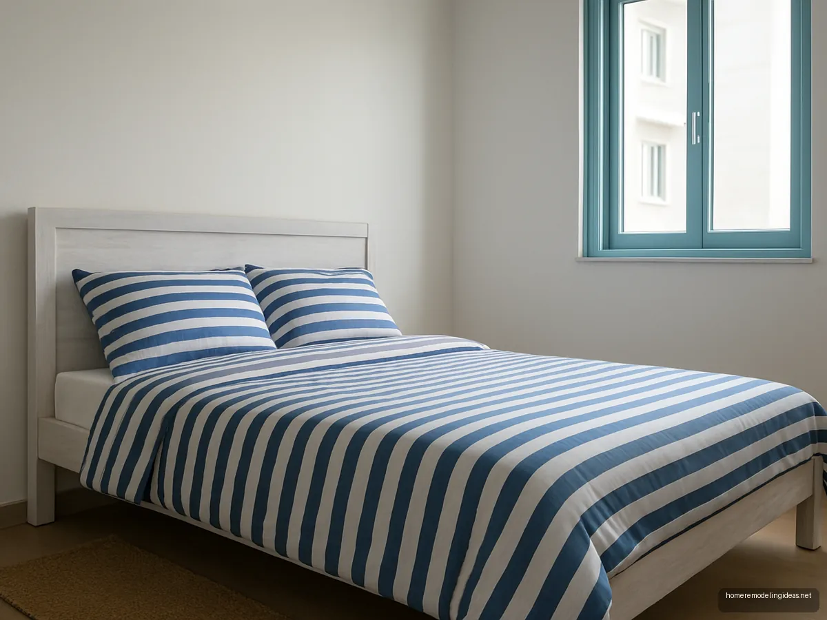 Whitewashed wooden bed with blue striped bedding