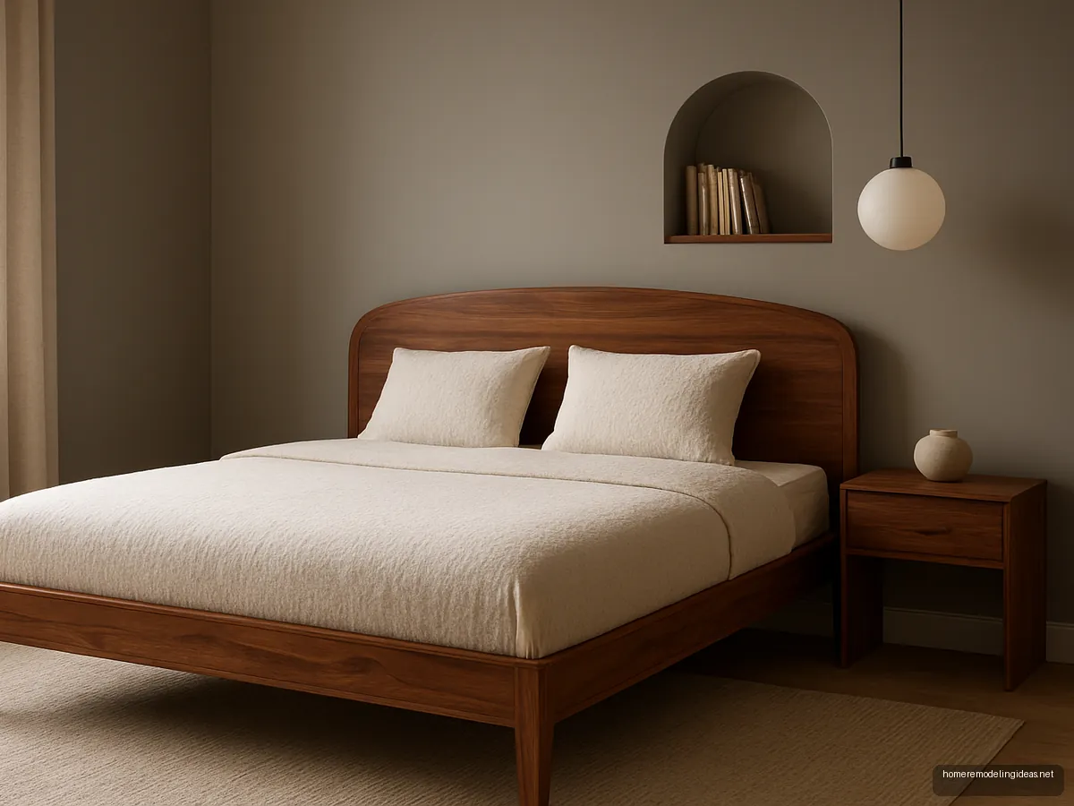 Sheesham bed with smooth curved headboard and cream cushions