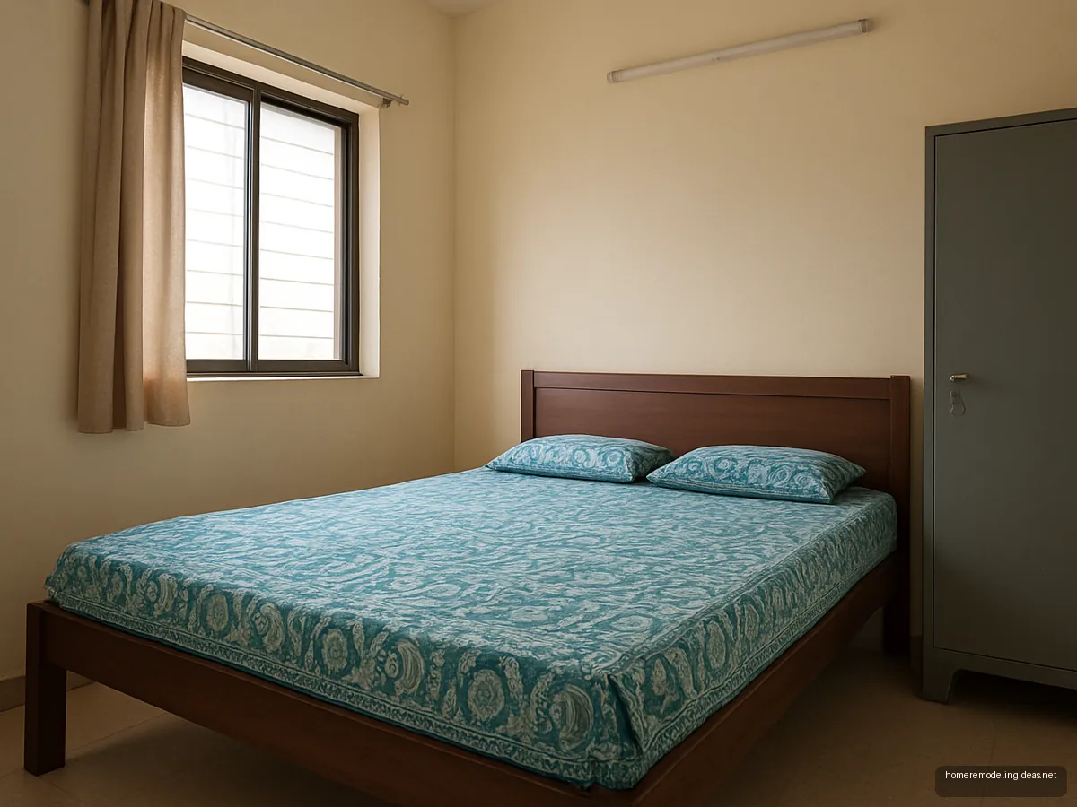 Walnut-stained rubberwood double bed with teal bedsheet