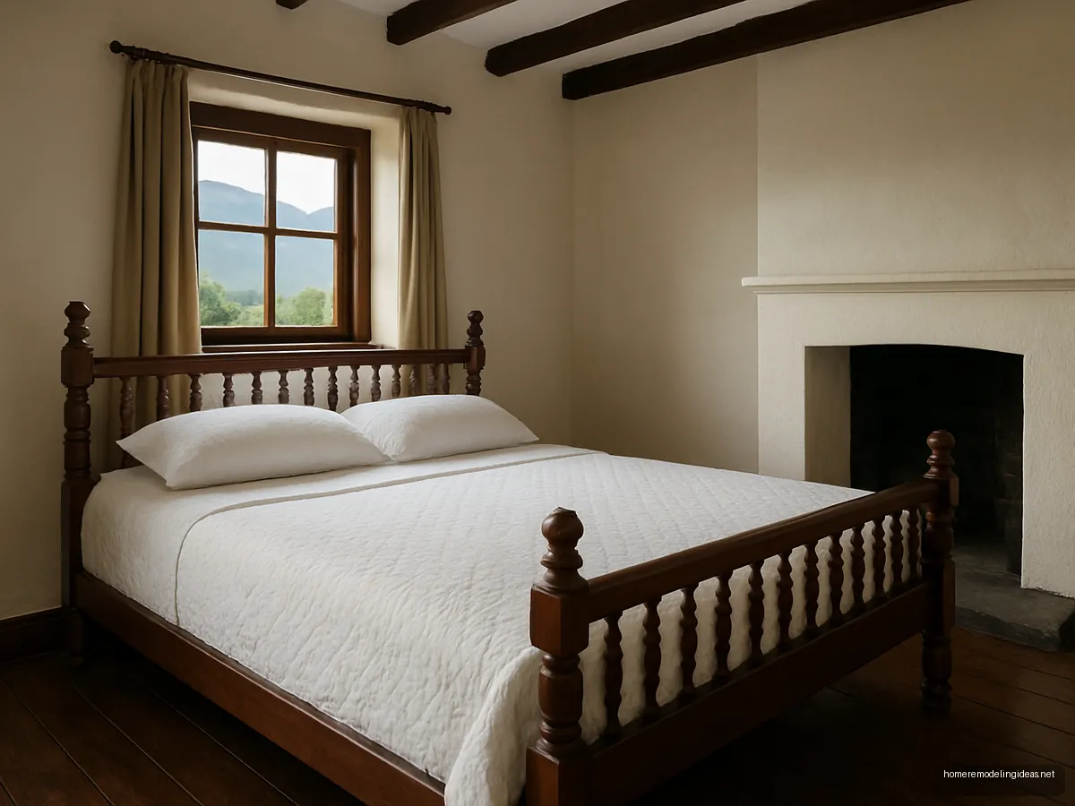 Dark teak spindle bed in a colonial cottage bedroom