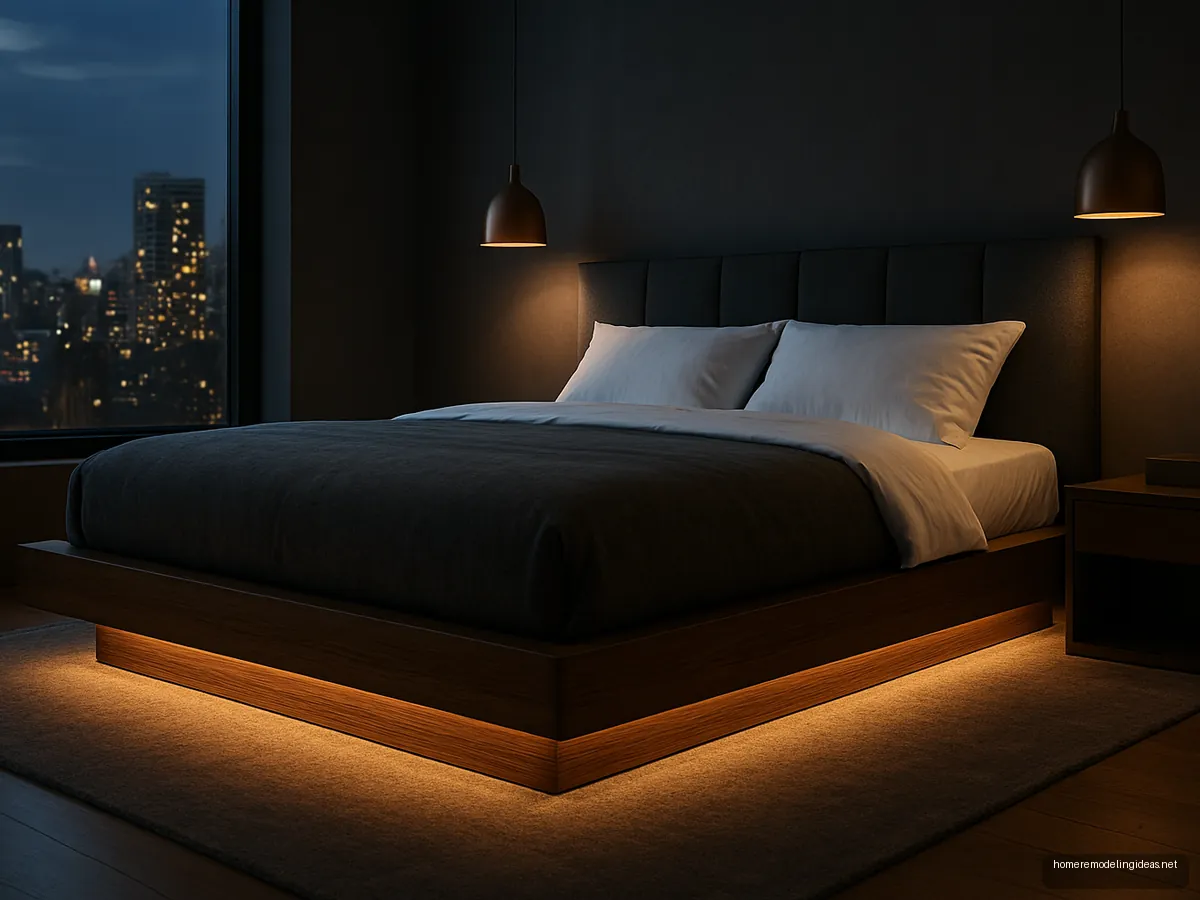 Floating teak platform bed with hidden LED glow at night