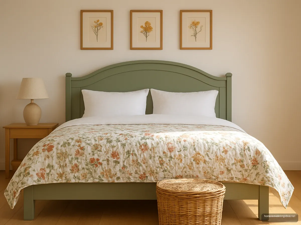 Matte sage painted wooden bed with arched headboard