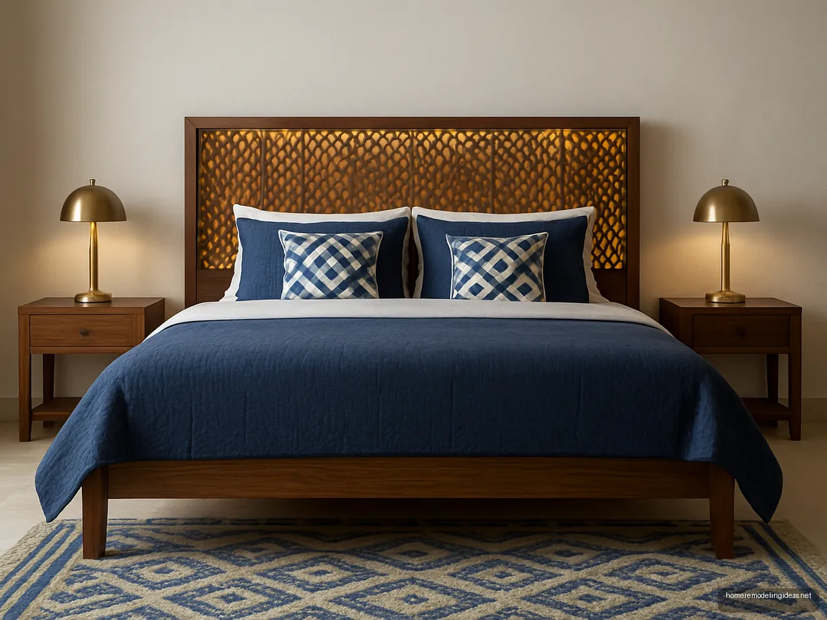 Sheesham bed with backlit jaali headboard and indigo bedding