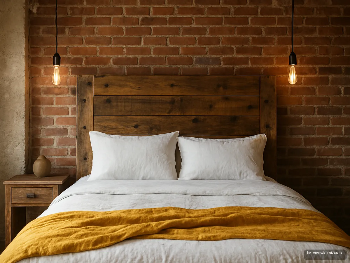 Rustic bed with reclaimed plank headboard and brick wall