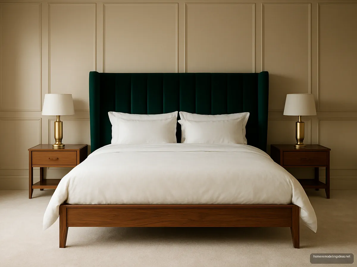 Teak wingback bed with emerald velvet headboard