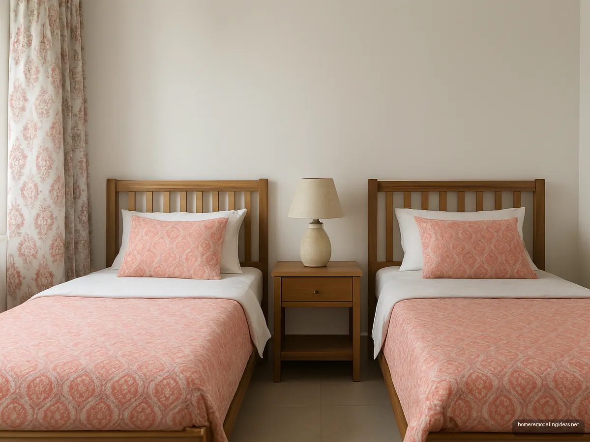 Two light sheesham single beds with coral bedding