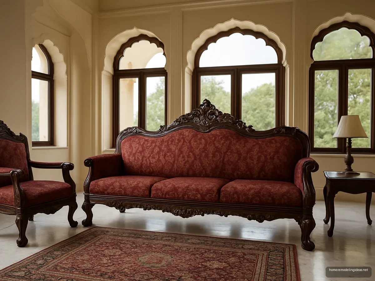 Carved Maharaja sheesham sofa with maroon cushions in a marble hall