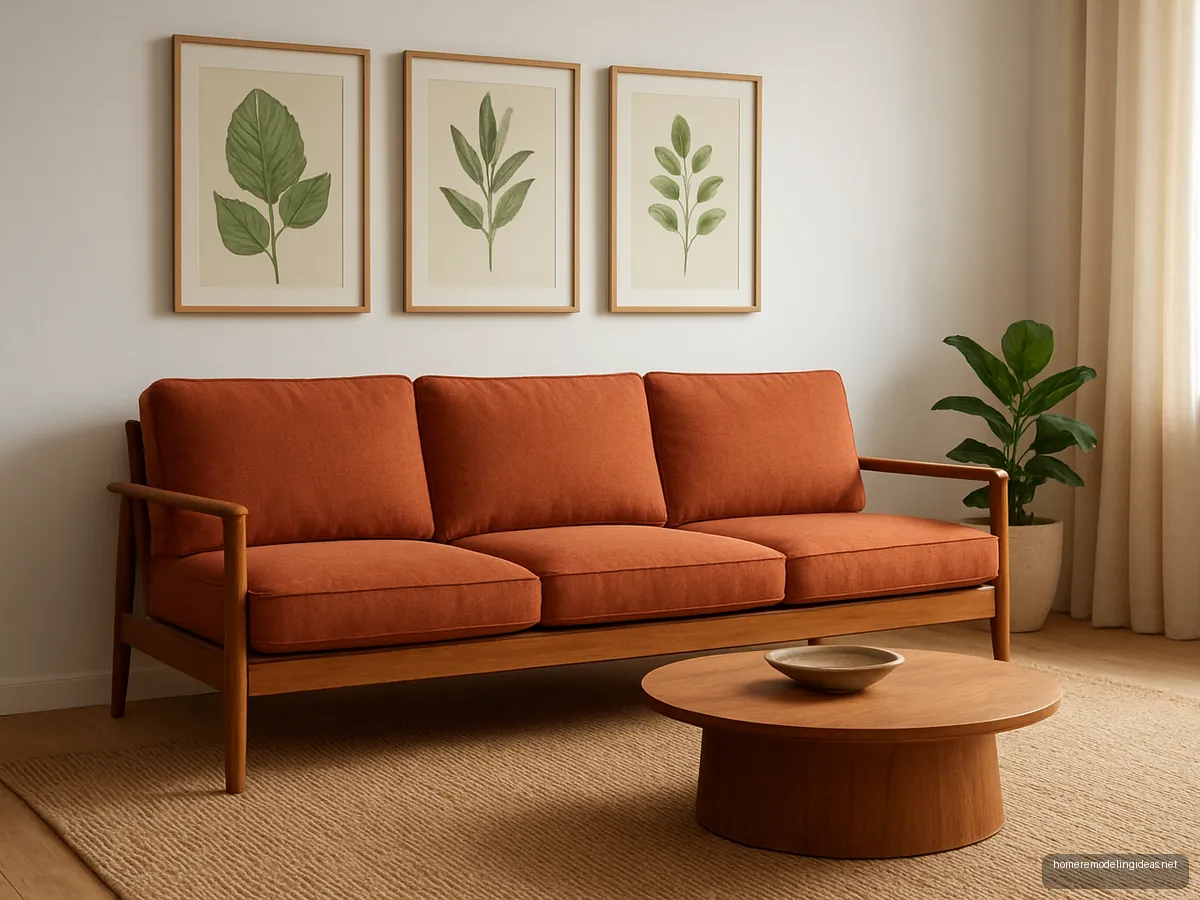 Slim teak sofa with rust orange cushions and jute rug