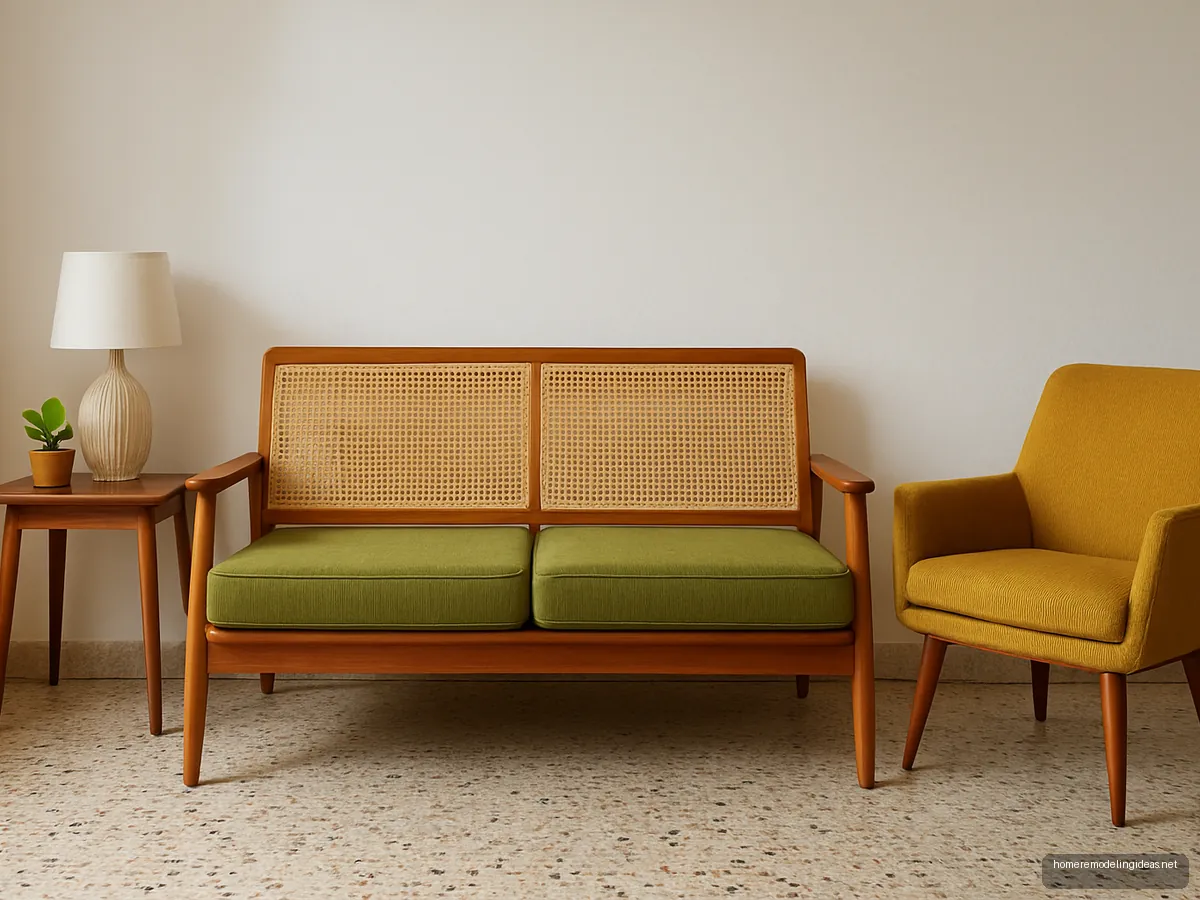 Mid-century teak sofa with cane back and olive cushions