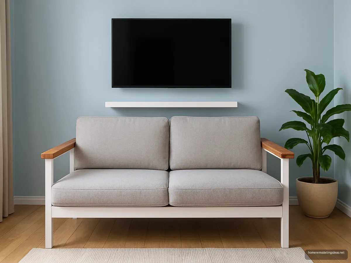 White painted wooden sofa with sheesham armrests and grey cushions