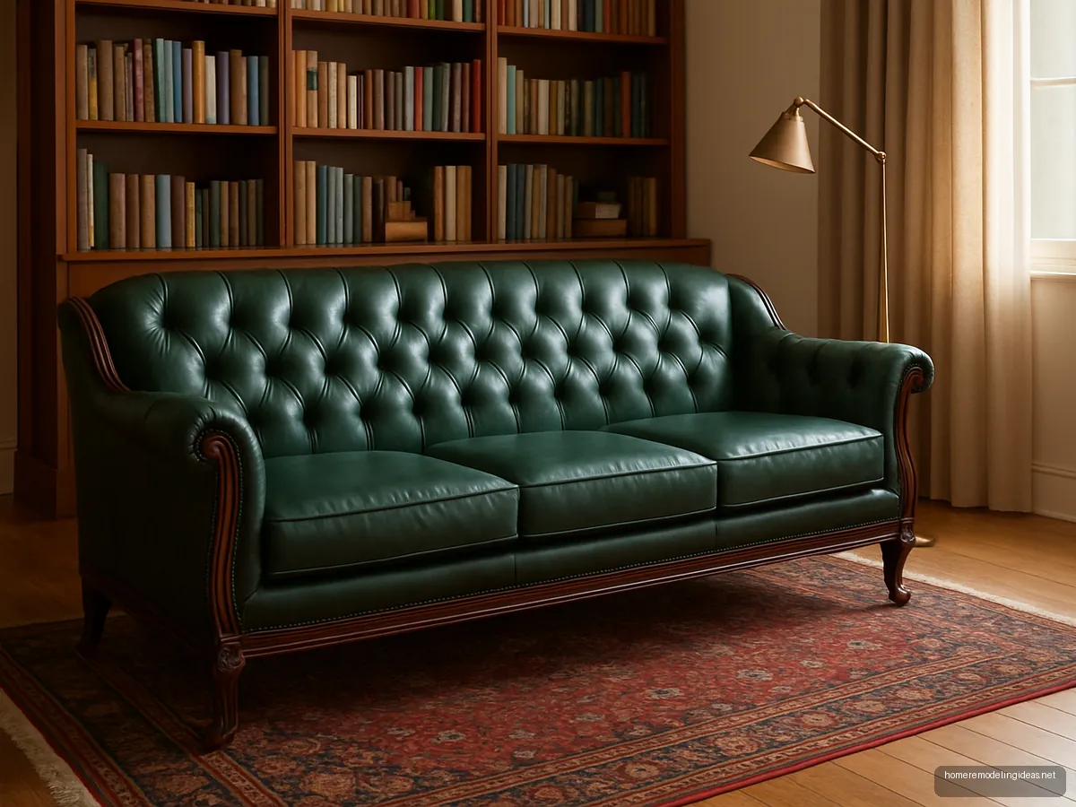 Wood-trim tufted sofa in deep green leatherette before bookshelves