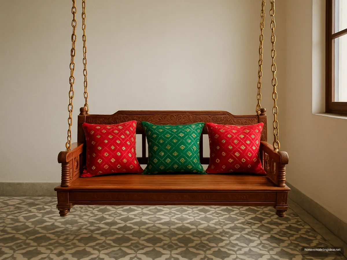 Wooden swing sofa with mirror-work cushions hung on brass chains