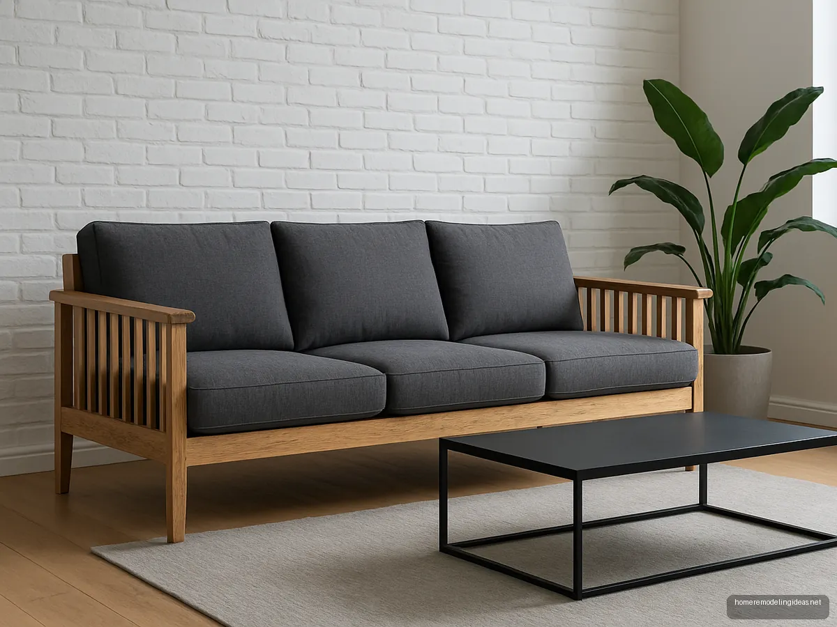 Mango wood sofa with slatted arms and charcoal cushions