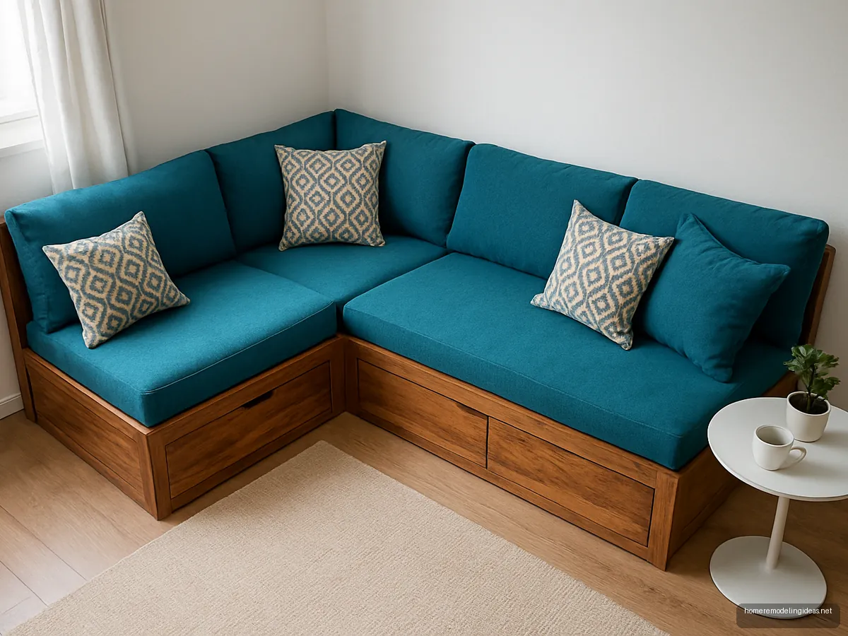 Corner wooden sofa with storage and teal cushions