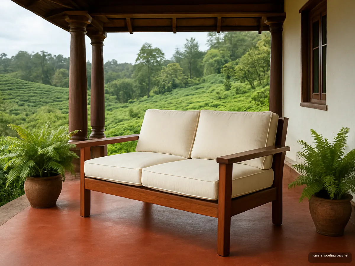 Teak planter style sofa on a bungalow verandah
