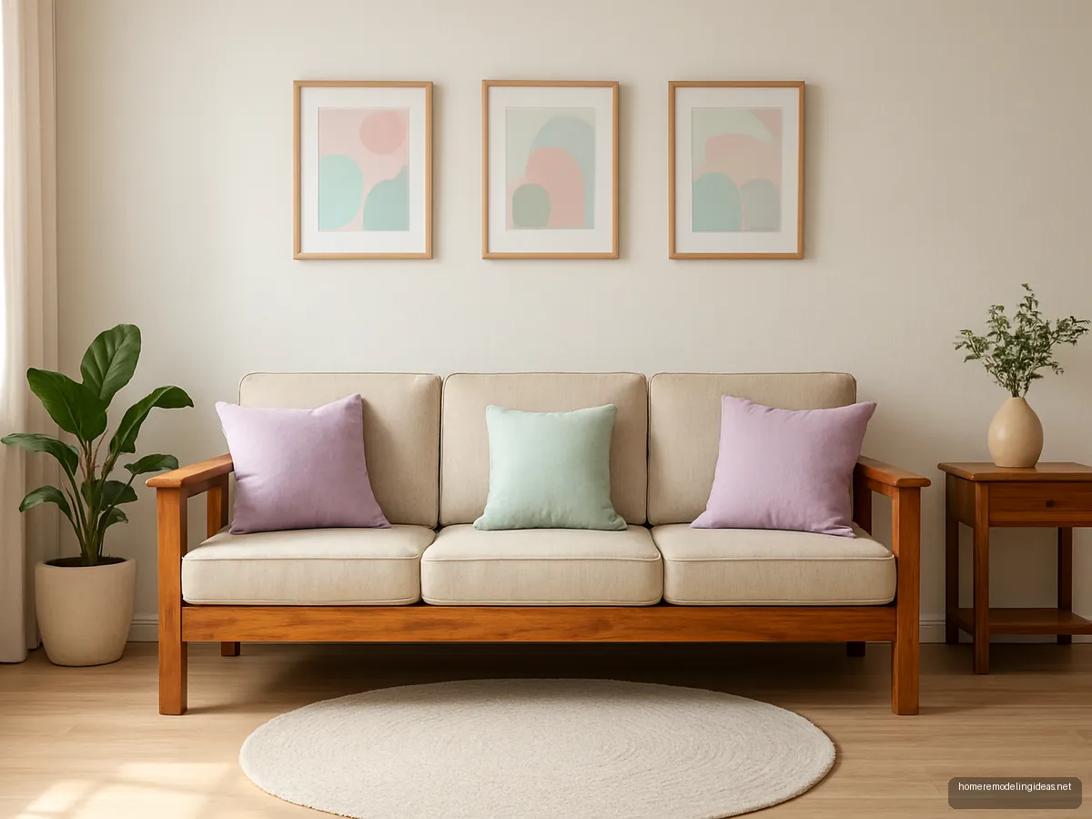 Sheesham sofa with pastel lilac and mint cushions