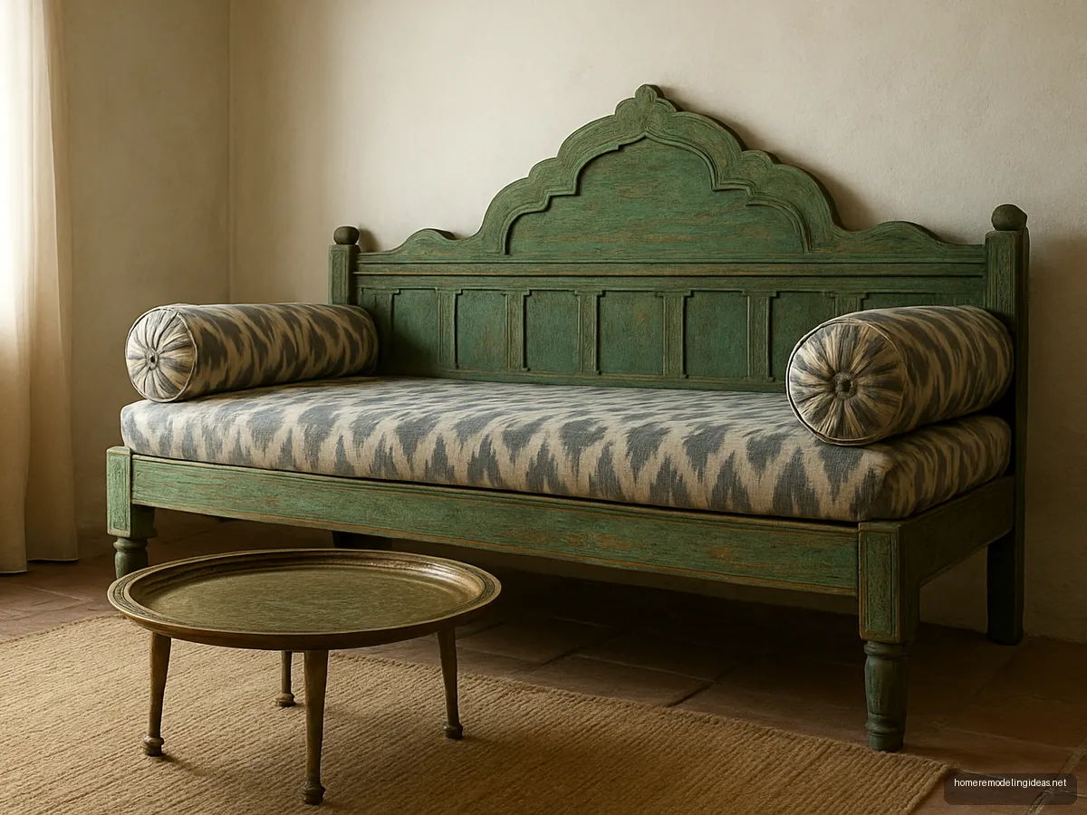 Antique green wooden diwan sofa with ikat print bolsters