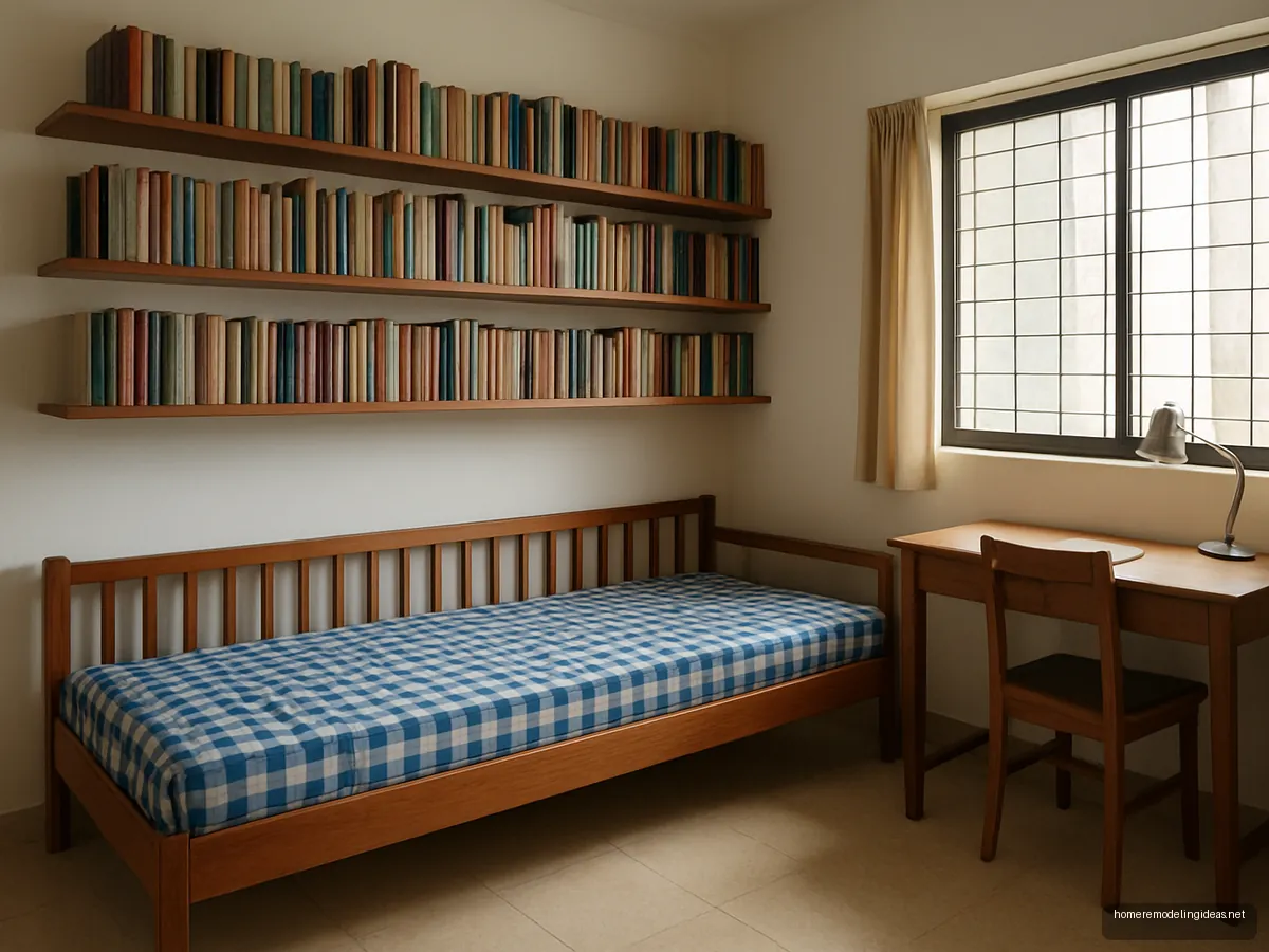 Teak daybed sofa with checked cover in a study room