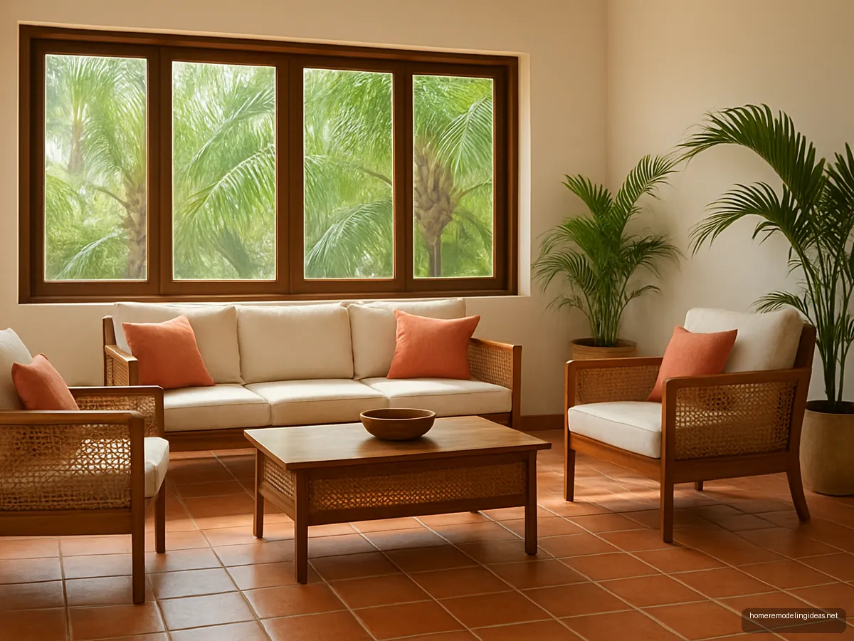 Teak and rattan sofa set with white cushions in a villa
