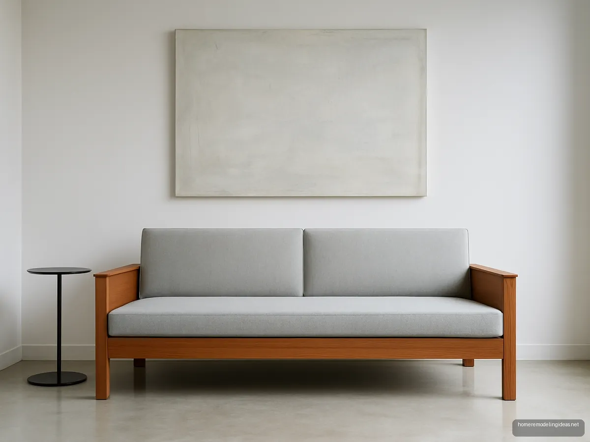 Minimal box frame teak sofa in dove grey